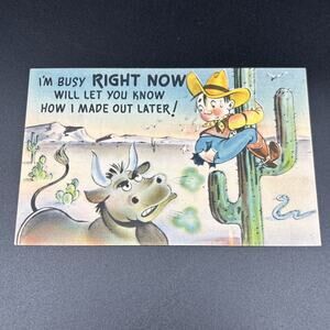 Vintage 1940s Cactus Cowboy Bull Comic Postcard Unused I'm Busy Right Now